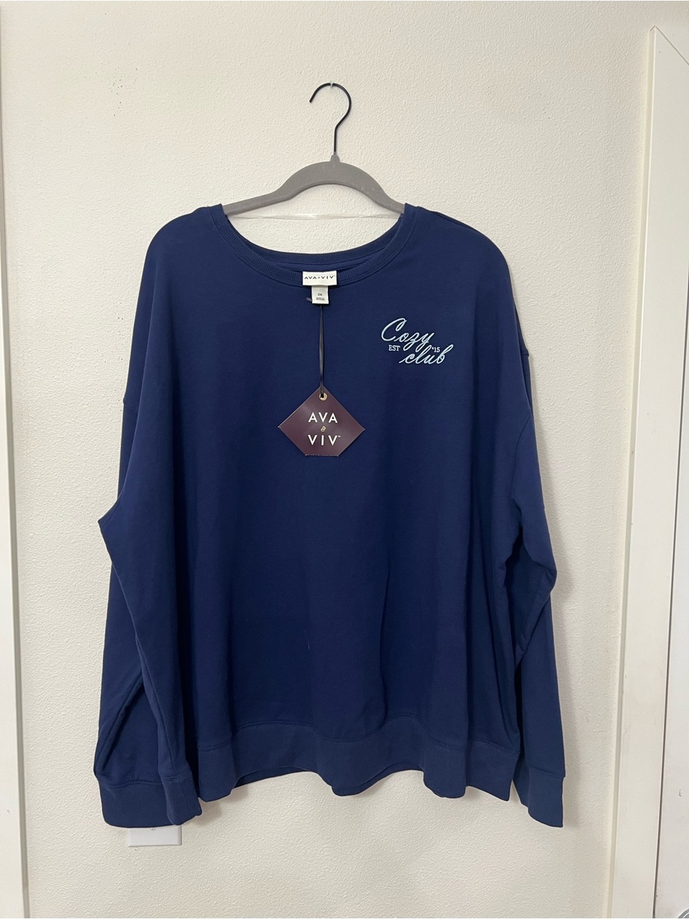 Ava & Viv Navy Crewneck Sweatshirt with Cozy Club Embroidery